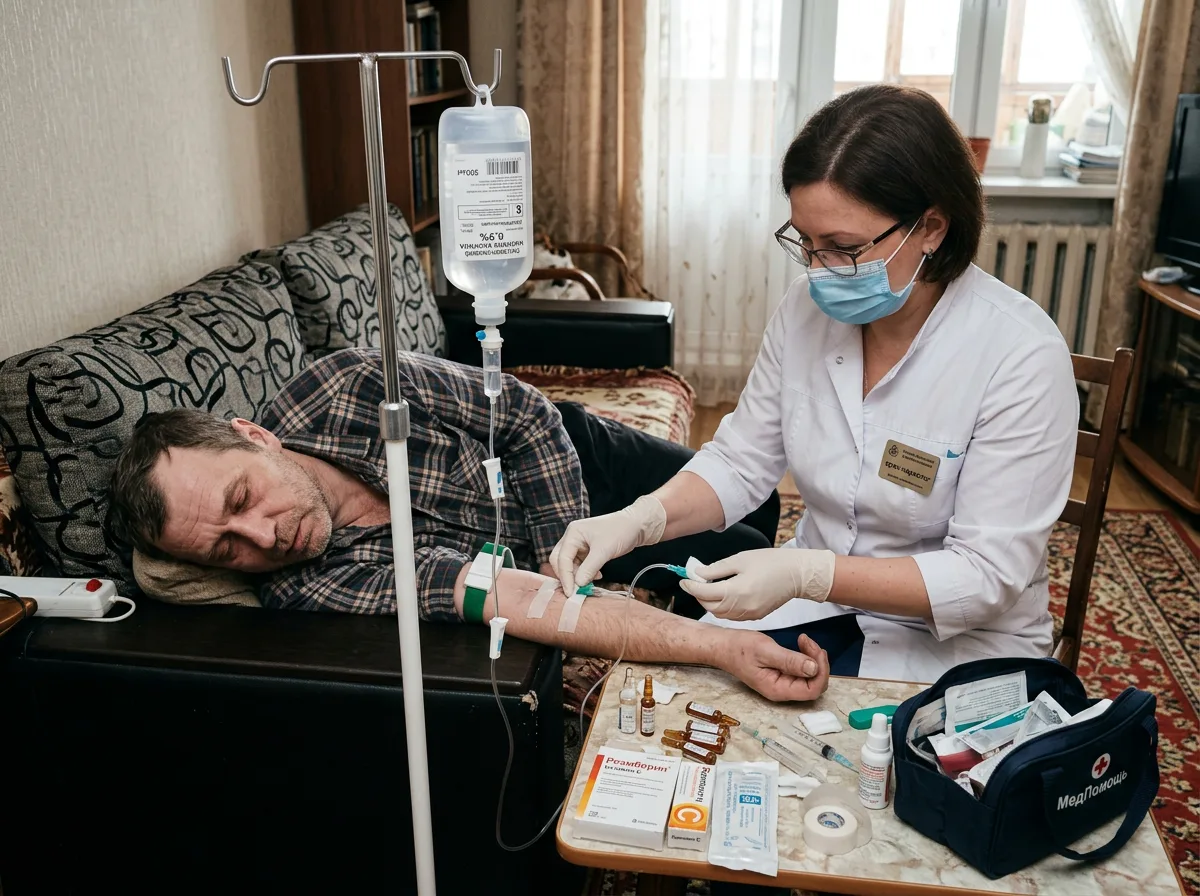 Врач-нарколог устанавливает капельницу пациенту на дому, детоксикация при алкогольном запое, домашние условия, медицинские препараты в руках врача
