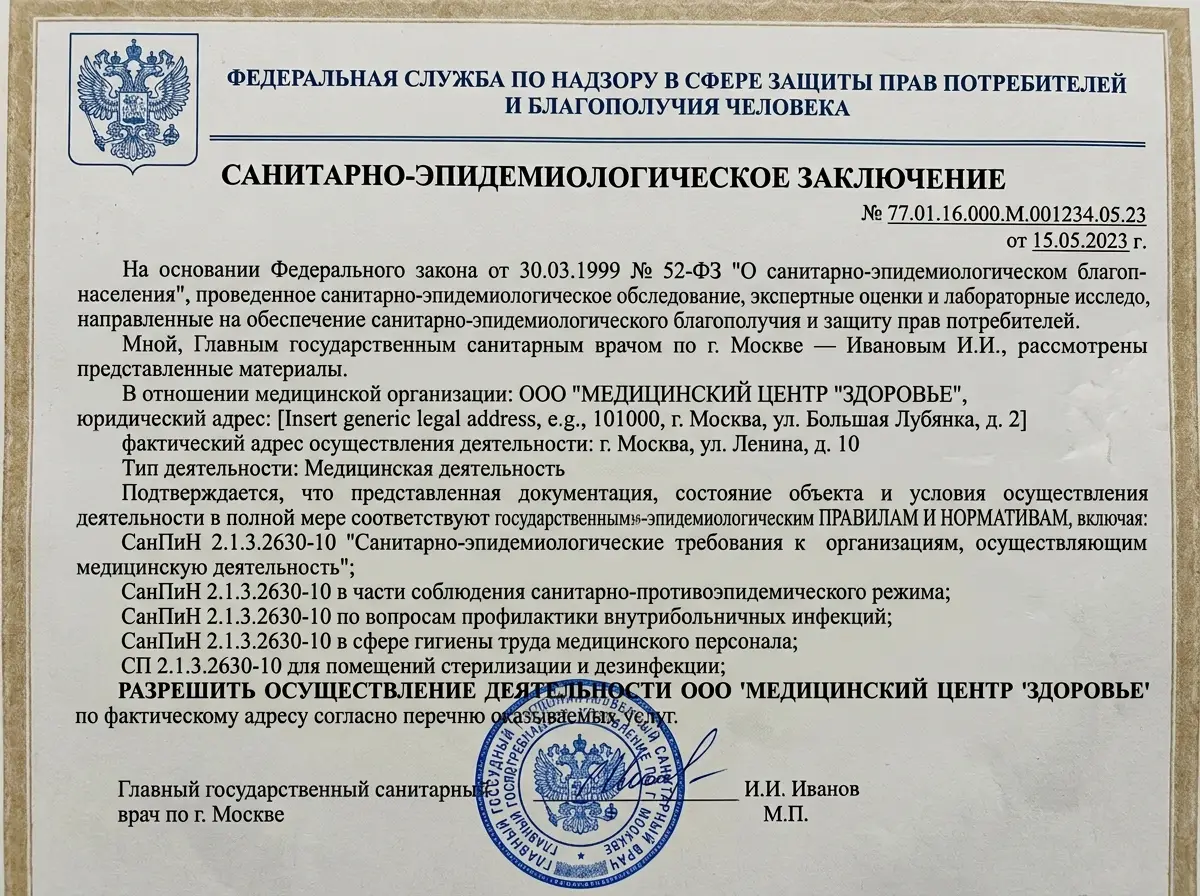 Санитарно-эпидемиологическое заключение Роспотребнадзор документ для медицинской организации официальный бланк